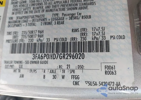 2016 Ford Fusion Se from USA, damaged, VIN 3FA6P0HD7GR296020